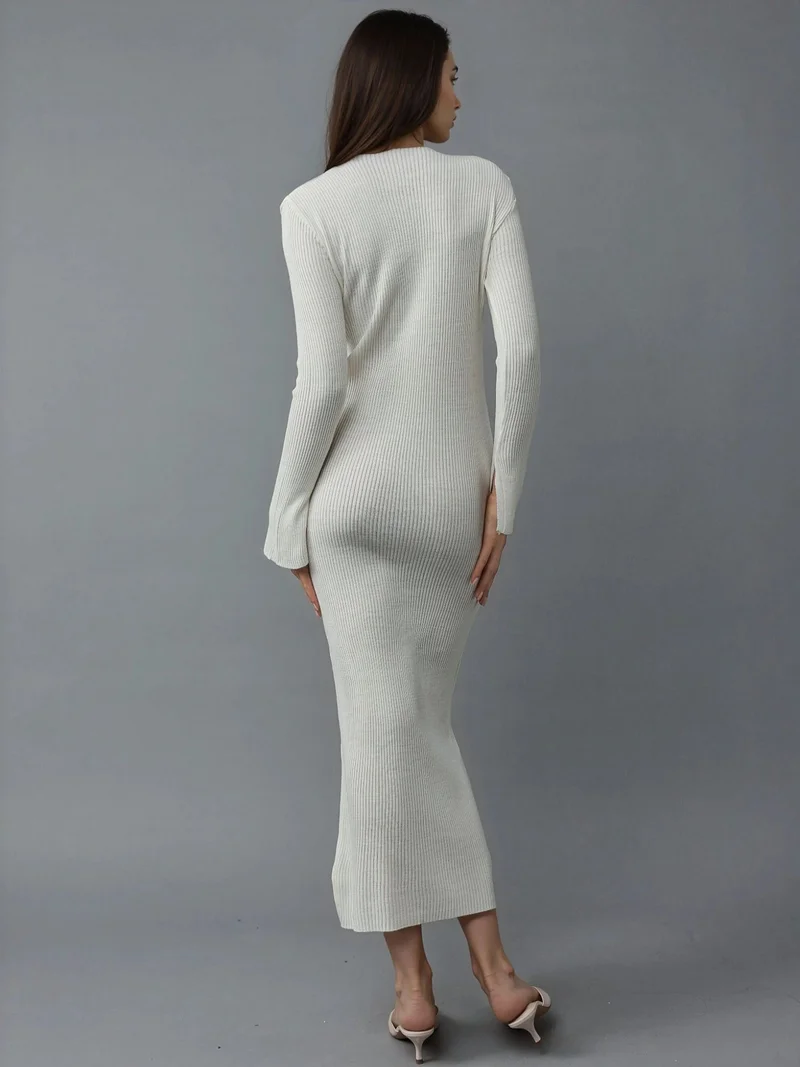 MY FASHION Dusty White MY FASHION V-Neck Textured Maxi Knit Dress with Slit for Women | Best Price UAE